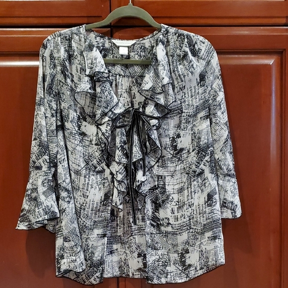 Christopher & Banks Black White Flowy Blouse Newspaper Print Cardigan Sheer Med. - Picture 16 of 16